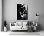 White-eye smoke wolf cinematic glass wall art in heritage stairwell