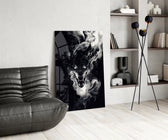 Heavy-metal album cinematic glass wall art over modern bar console
