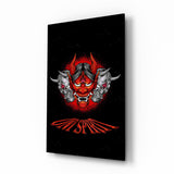 Oni Spirit demon mask cinematic glass wall art over walnut console in designer entertainment den