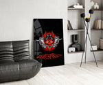 Hannya-mask cinematic glass wall art over modern bar console
