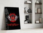 Cyber-samurai demon cinematic glass wall art in private library reading nook