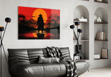 Blood-moon samurai cinematic glass wall art in film-screening room
