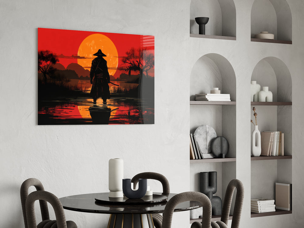 Crimson-marsh ronin cinematic glass wall art over modern bar console