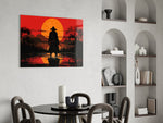 Crimson-marsh ronin cinematic glass wall art over modern bar console
