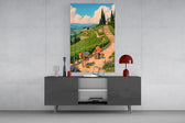 Italian harvest illustration cinematic glass wall art in light-filled atelier