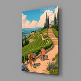 Italian pastoral storybook cinematic glass wall art in wine-cellar tasting room