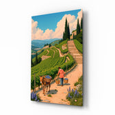 Tuscan vineyard harvest cinematic glass wall art over walnut console in designer kitchen