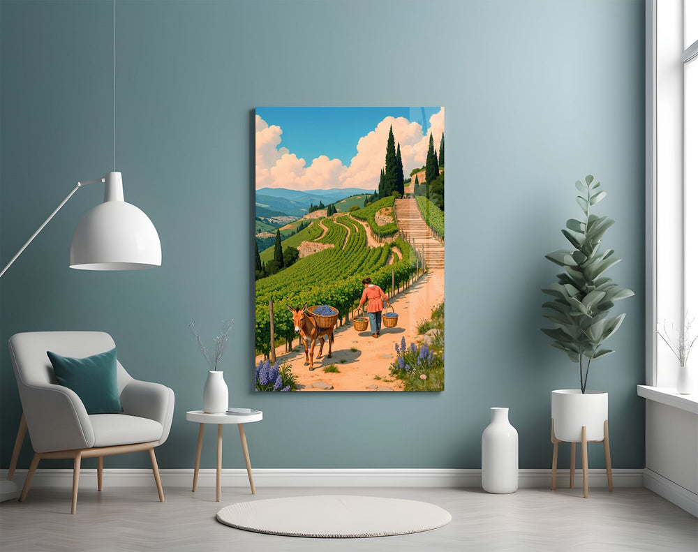Cobalt-grape harvest cinematic glass wall art in heritage living room