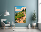 Cobalt-grape harvest cinematic glass wall art in heritage living room