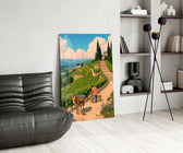 1950s travel-poster cinematic glass wall art over modern dining sideboard