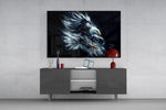 Kinetic eagle cinematic glass wall art in boutique-hotel lounge