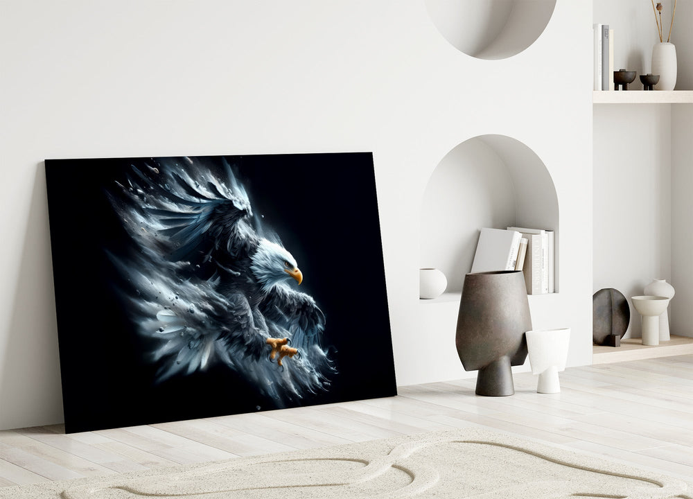Photo-composite raptor cinematic glass wall art in heritage stairwell