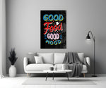 Retro-graphic typography cinematic glass wall art in heritage stairwell