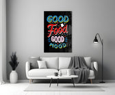 Retro-graphic typography cinematic glass wall art in heritage stairwell