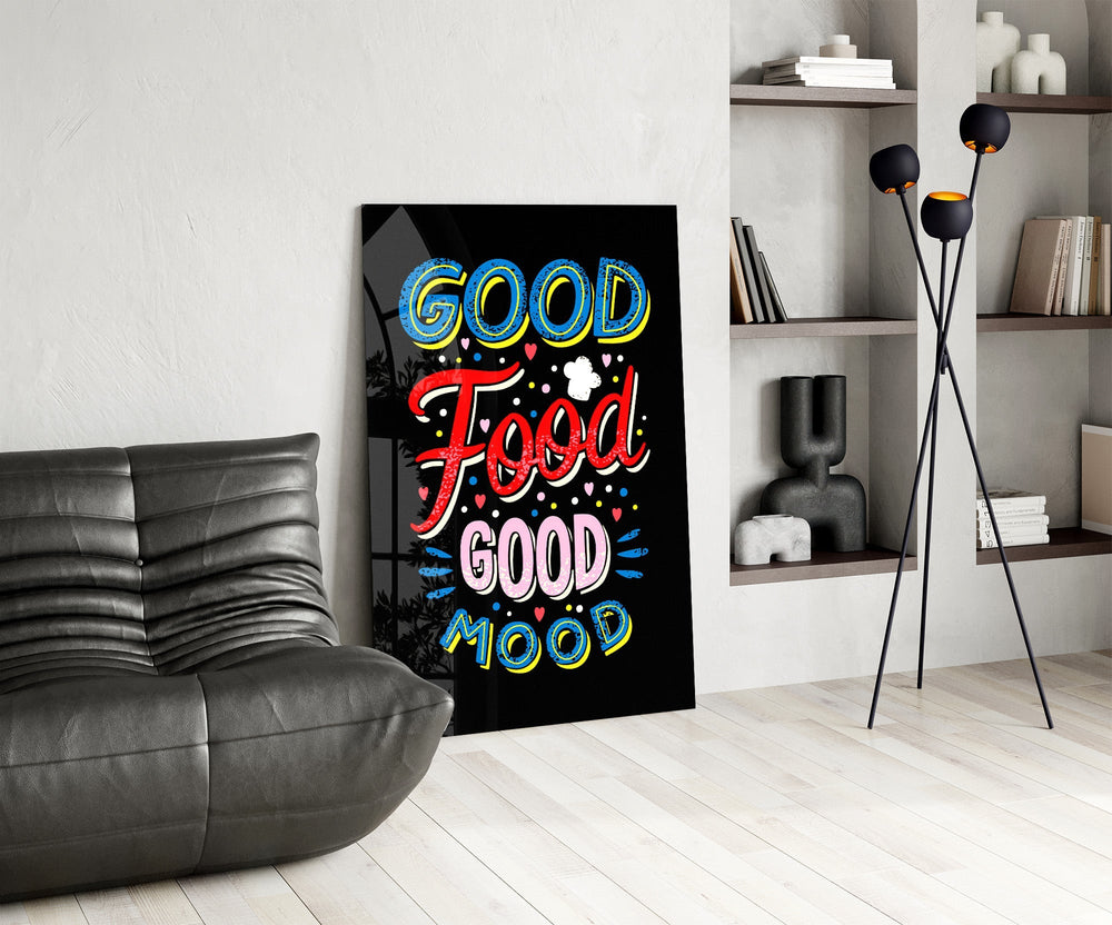 Cobalt-scarlet typography cinematic glass wall art over modern dining sideboard