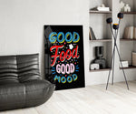 Cobalt-scarlet typography cinematic glass wall art over modern dining sideboard