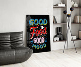 Cobalt-scarlet typography cinematic glass wall art over modern dining sideboard