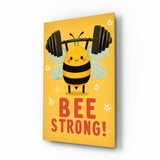 Bee Strong barbell bee cinematic glass wall art over walnut console in designer child bedroom