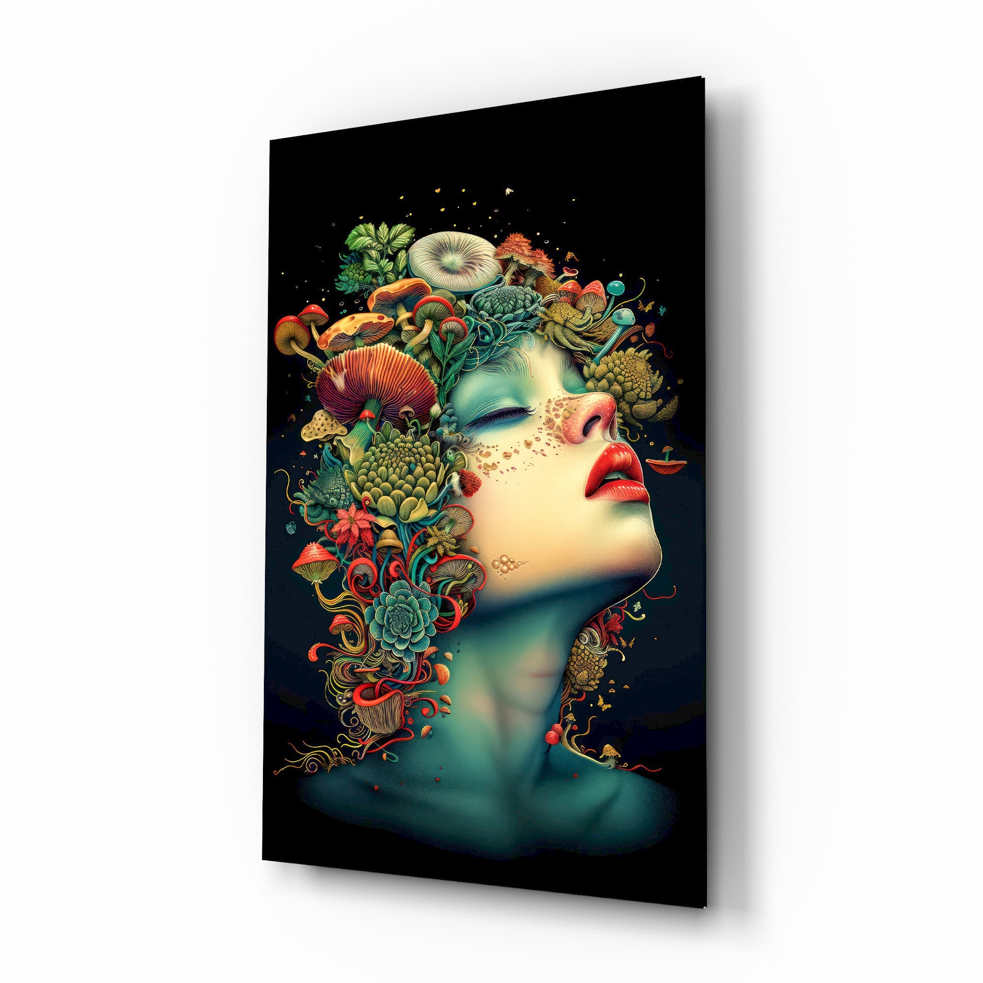Mushroom headdress muse cinematic glass wall art over walnut console in designer wellness clinic