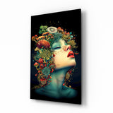 Mushroom headdress muse cinematic glass wall art over walnut console in designer wellness clinic