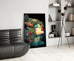 Teal-skin muse cinematic glass wall art over modern dining sideboard