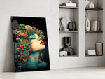 Mushroom-and-fern cinematic glass wall art in private library reading nook