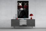 Symbolist wolves cinematic glass wall art in boutique-hotel lounge