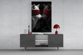 Symbolist wolves cinematic glass wall art in boutique-hotel lounge