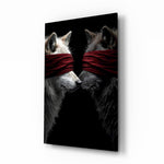 Blindfolded wolves pair cinematic glass wall art over walnut console in designer office