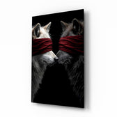 Blindfolded wolves pair cinematic glass wall art over walnut console in designer office
