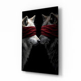 Blindfolded wolves pair cinematic glass wall art over walnut console in designer office