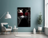 Scarlet-blindfold wolves cinematic glass wall art in poetry-room nook