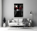 Nick-Brandt-style cinematic glass wall art in heritage stairwell