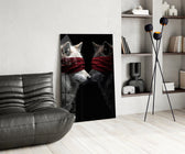 Nose-to-nose wolves cinematic glass wall art over modern dining sideboard