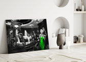 Chris-Consani-style cinematic glass wall art in heritage stairwell