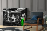 Retro Hollywood cinematic glass wall art in private library reading nook