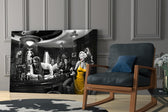 Pop-graffiti collab cinematic glass wall art in private library reading nook