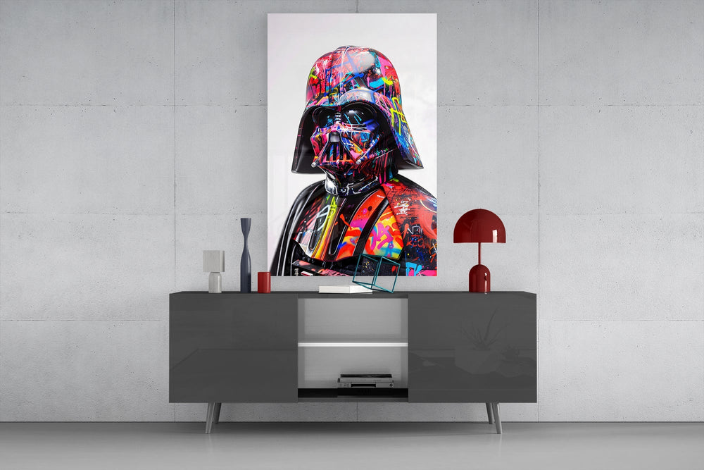 Magenta-coral Vader cinematic glass wall art in masculine-luxe study