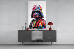 Magenta-coral Vader cinematic glass wall art in masculine-luxe study