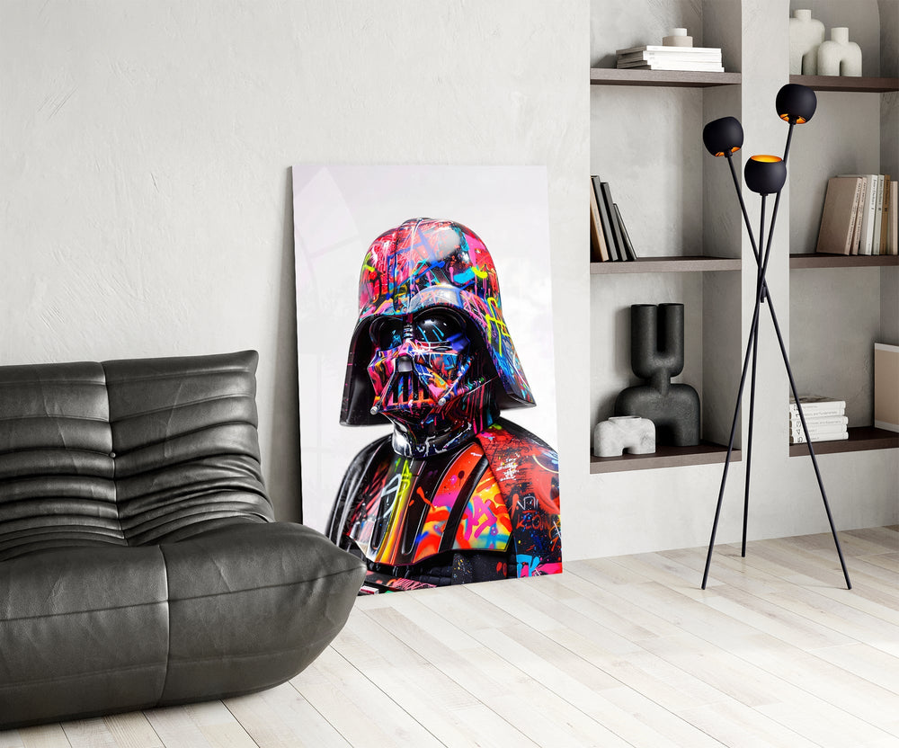 Vader splatter colorway cinematic glass wall art over modern bar console