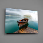 Alpine tranquility cinematic glass wall art in hygge-themed bedroom
