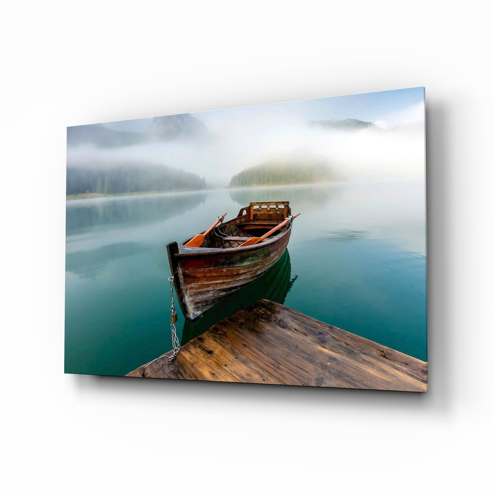 Foggy lake wooden boat cinematic glass wall art over walnut console in designer mountain cabin