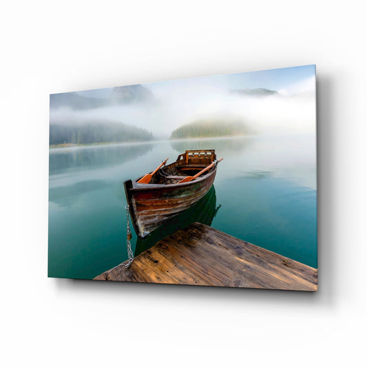 Foggy lake wooden boat cinematic glass wall art over walnut console in designer mountain cabin
