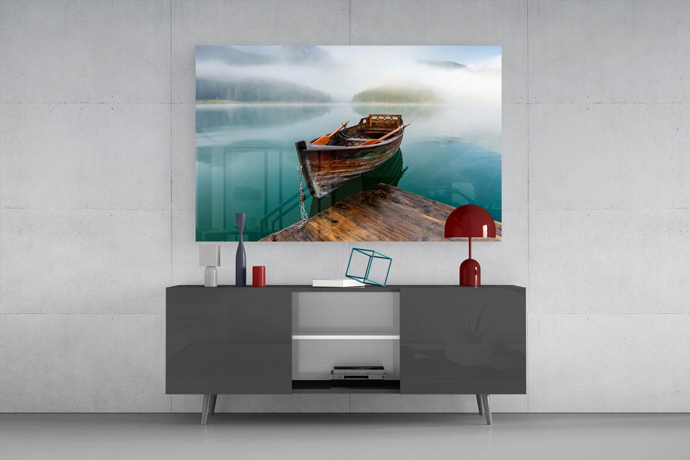 Contemplative landscape cinematic glass wall art in light-filled atelier