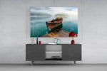 Contemplative landscape cinematic glass wall art in light-filled atelier
