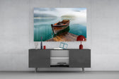 Contemplative landscape cinematic glass wall art in light-filled atelier