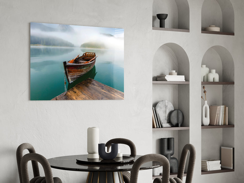 Misty alpine cinematic glass wall art over modern dining sideboard