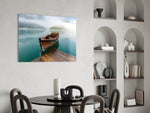 Misty alpine cinematic glass wall art over modern dining sideboard