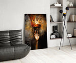 Ember-spark crown cinematic glass wall art over modern dining sideboard