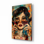 Wine glass shades pop collage cinematic glass wall art over walnut console in designer wine bar